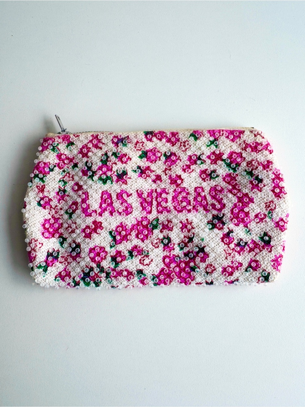 Vintage 70s Las Vegas Beaded Zip Pouch Floral
